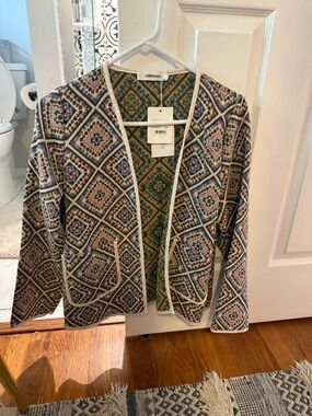 Armonias Geometric Pattern Open Cardigan in Olive & Navy